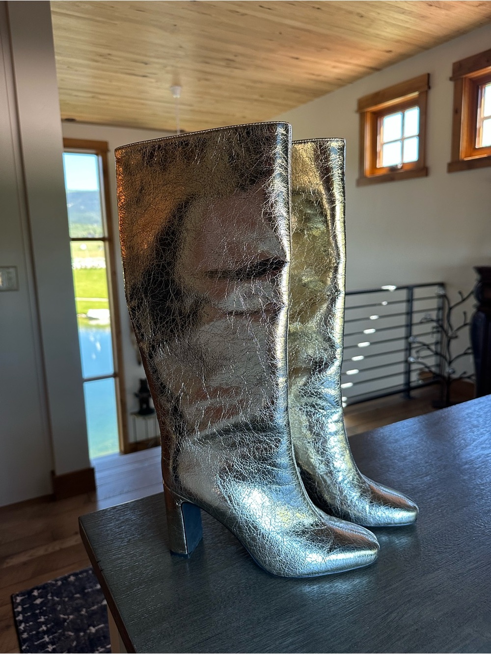 Metallic Silver/Golf Knee-High Heeled Boots